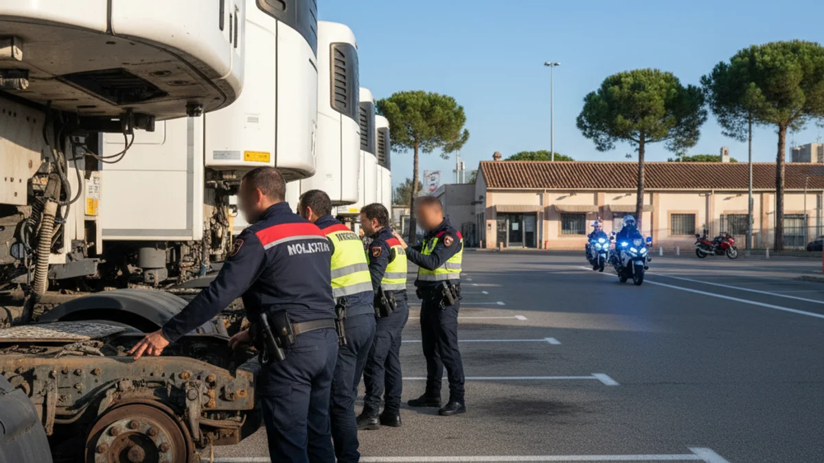 Imatge genèrica d'un control policial a camions de gran tonatge en una àrea de servei d'una autopista.