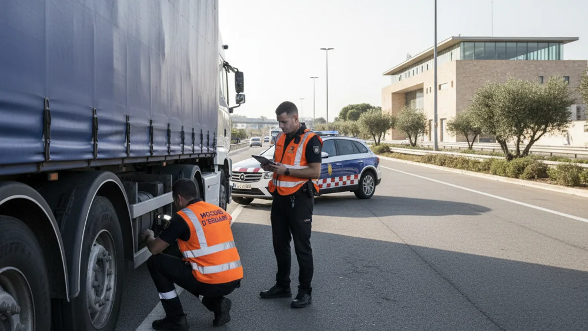 Imatge genèrica d'un control policial a camions de gran tonatge en una autopista.