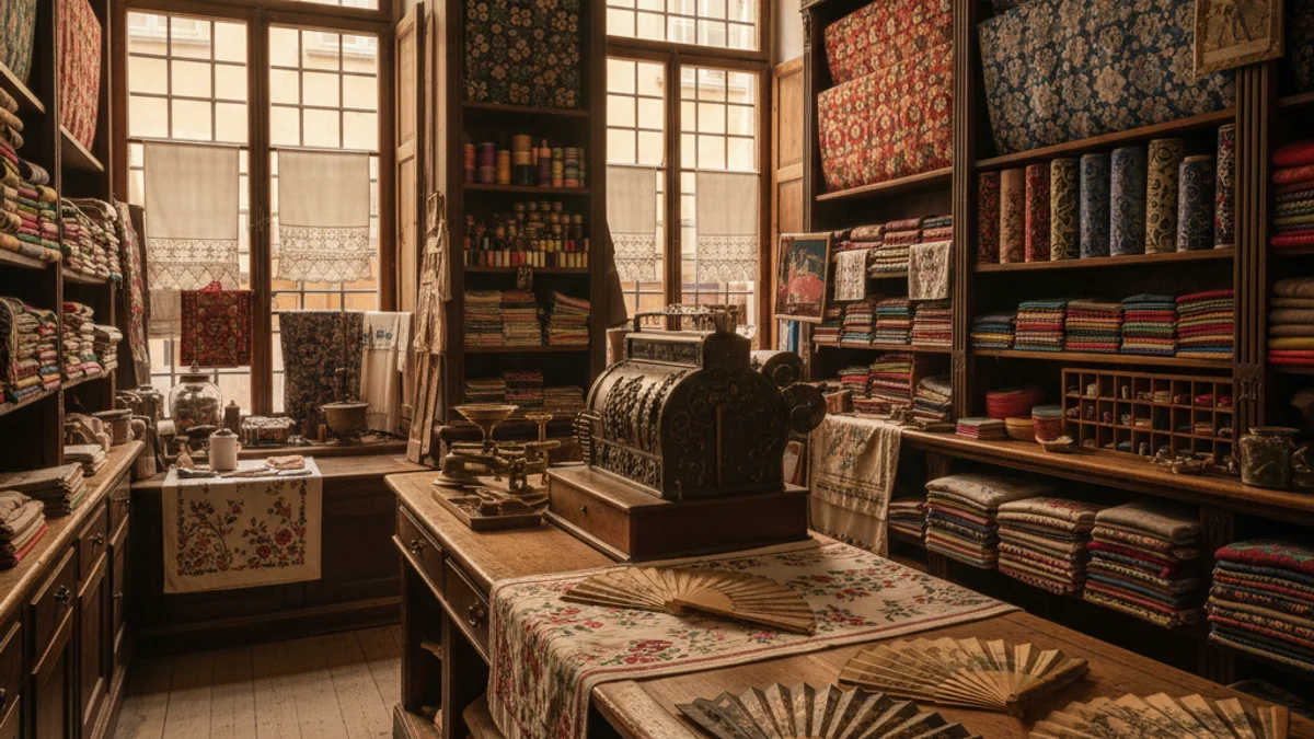 Interior d'una botiga antiga amb taulells de fusta i teixits tradicionals exposats, com mantons de Manila i ventalls.