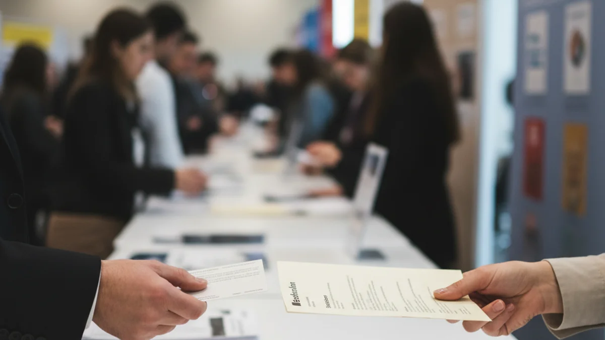 Imatge genèrica d'una fira d'ocupació amb gent interactuant en estands informatius.