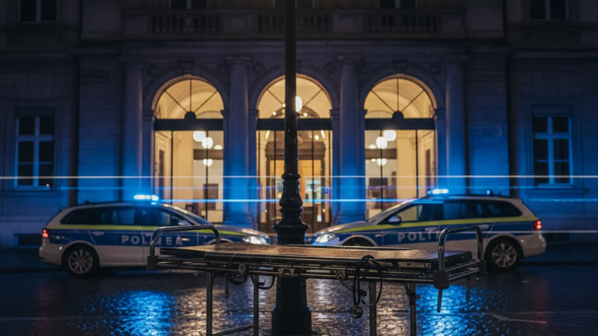 Imatge genèrica de la façana d'un hospital il·luminada per llums d'emergència durant la nit.