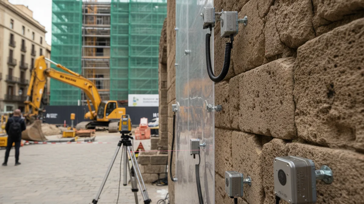 Imatge genèrica de sensors de control de vibracions instal·lats en una façana durant unes obres urbanes.