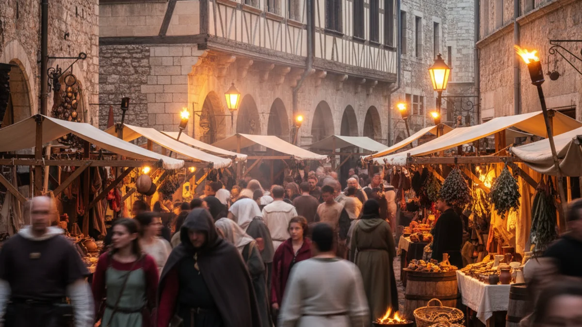 Imagen genérica de un mercado medieval con puestos de artesanía en un casco histórico.