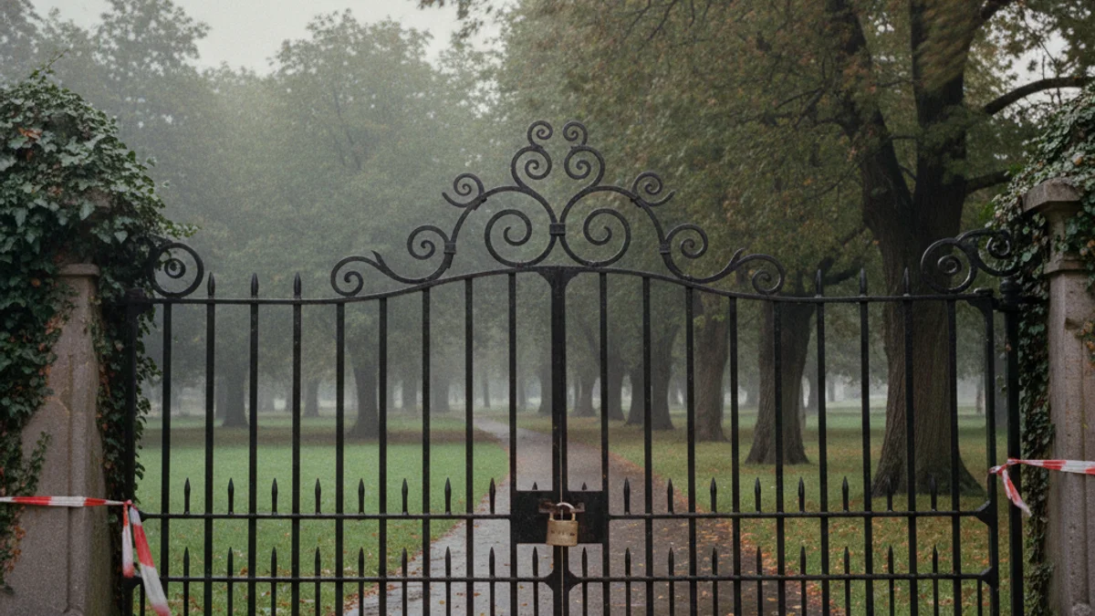Un parc públic tancat amb branques d'arbres movent-se pel vent fort.