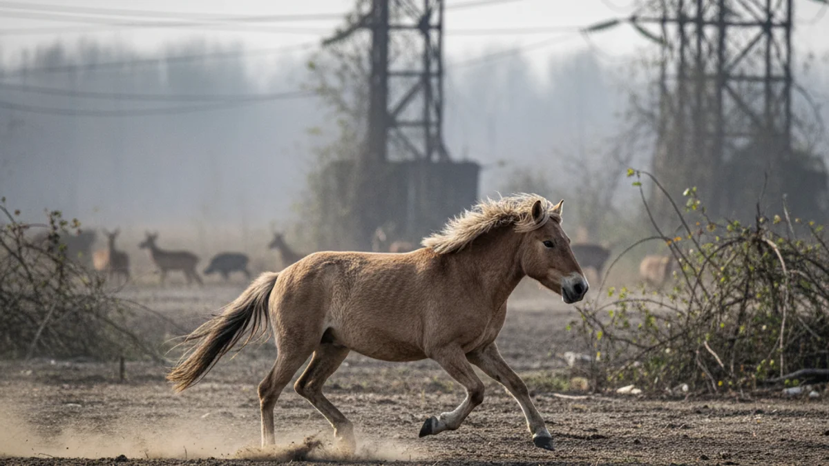 Generic image of a Przewalski horse running through a natural environment.