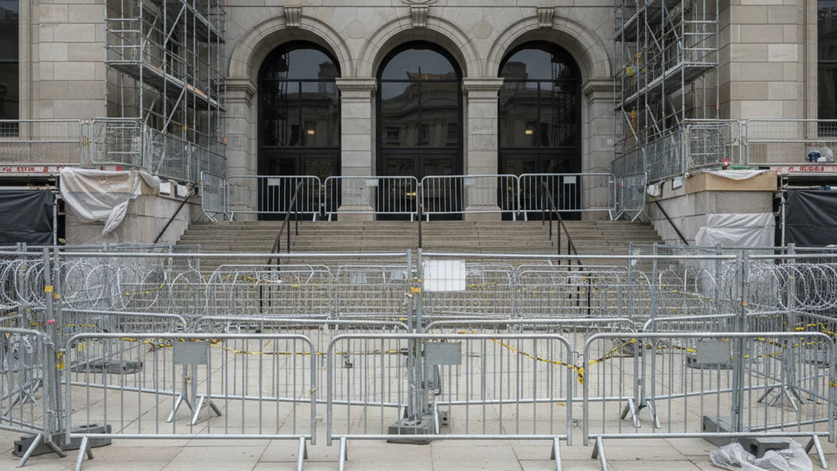 Imatge genèrica d'un edifici en construcció o d'una instal·lació social tancada, amb tanques de seguretat.