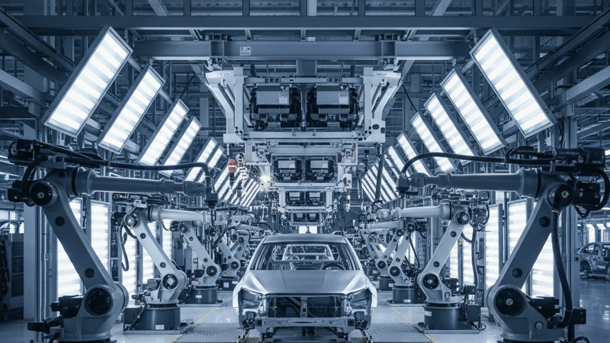 Generic image of an automated assembly line with industrial robots in a car factory.