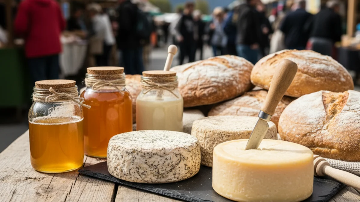Cistella amb productes artesans locals com formatges i mel en un mercat tradicional.