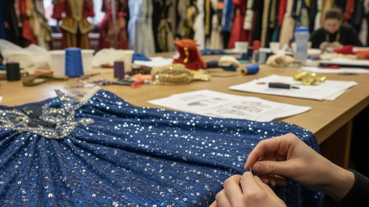 Imatge genèrica d'un taller de vestuari teatral amb teles i accessoris de disfresses d'època.