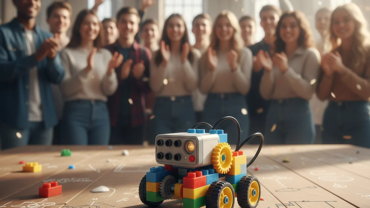 Generic image of an educational robot built with colorful pieces during a technology competition.