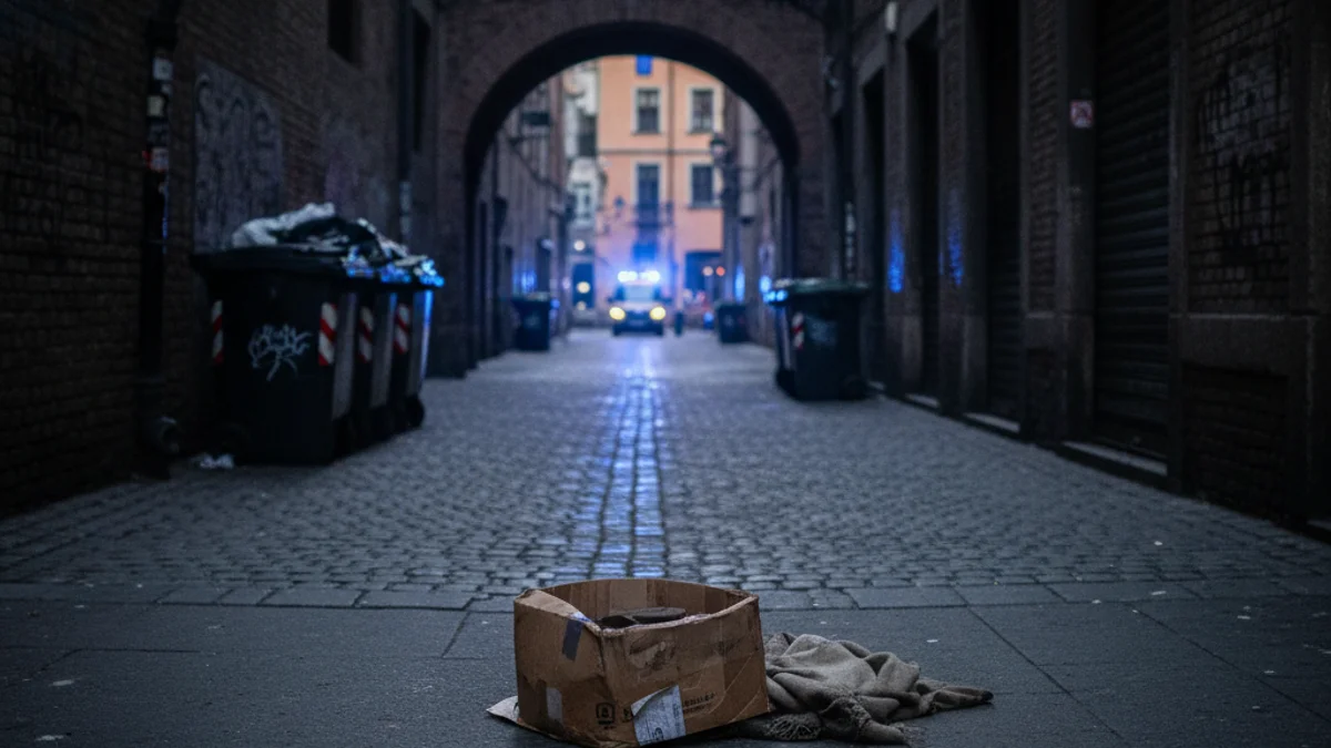 Imagen genérica de un callejón vacío con mantas en el suelo que simboliza el sinhogarismo.