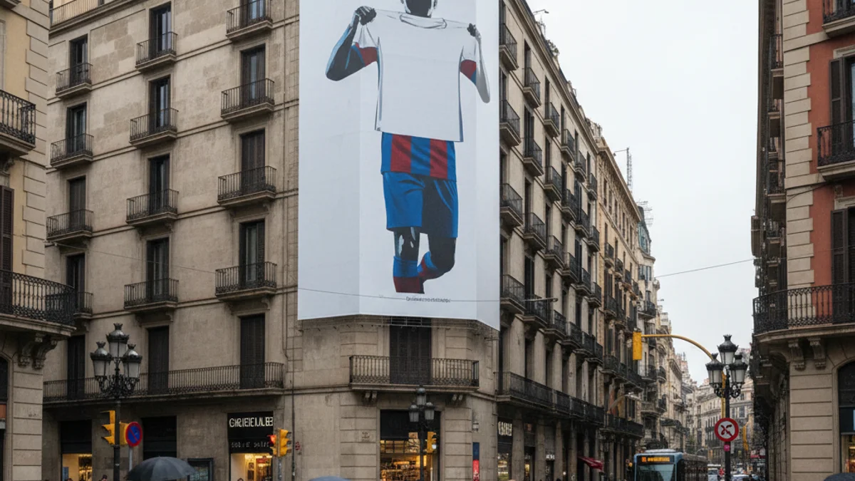 Imatge genèrica d'una lona publicitària de grans dimensions en una façana d'un edifici de Barcelona.