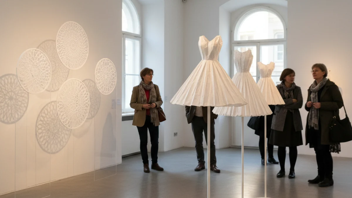 Imatge genèrica d'una exposició d'art amb escultures de paper blanc i formes geomètriques.