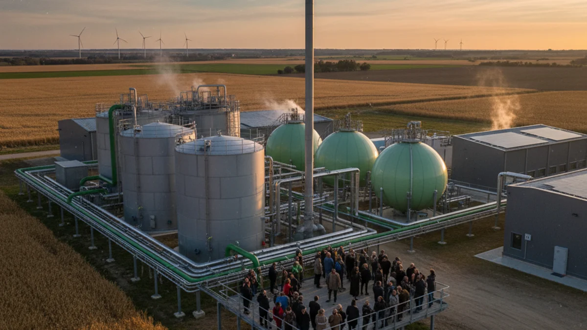 Imatge genèrica d'una planta de producció de biometà amb tancs industrials en un entorn rural.