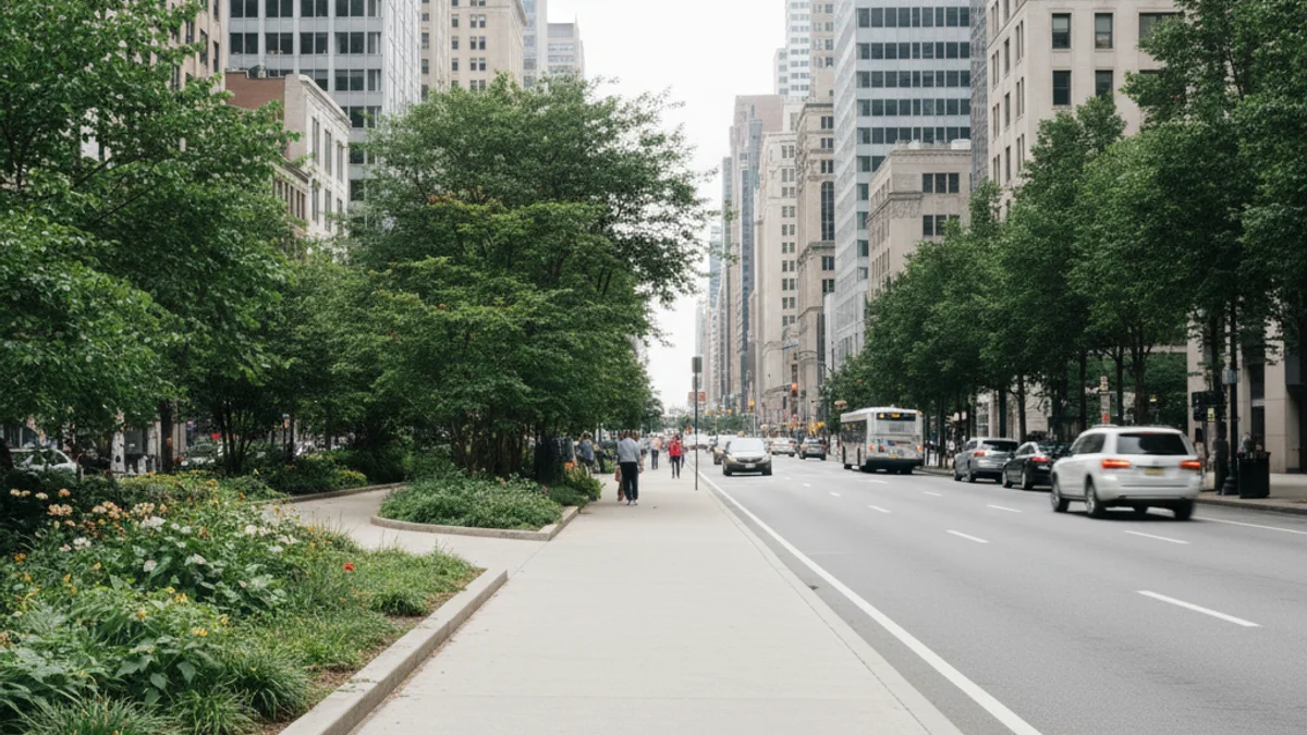 Vista d'una avinguda urbana amb zones enjardinades i espai per a vianants.