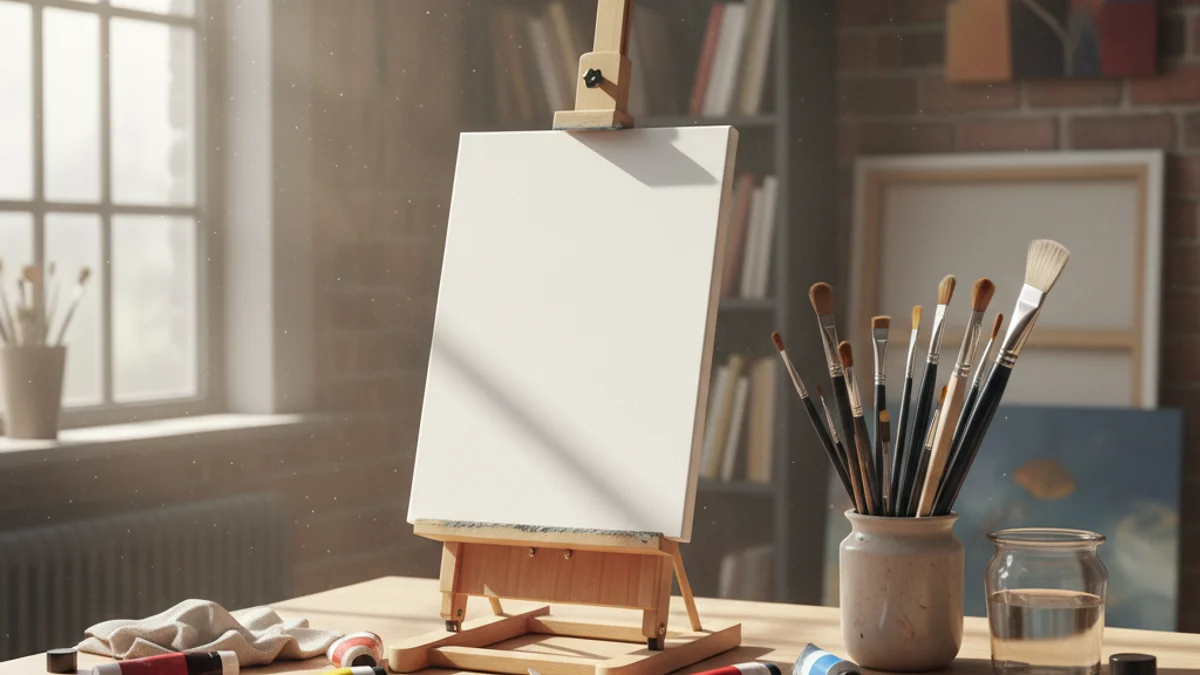Imatge genèrica d'un espai de creació artística amb pinzells i un llenç en blanc.