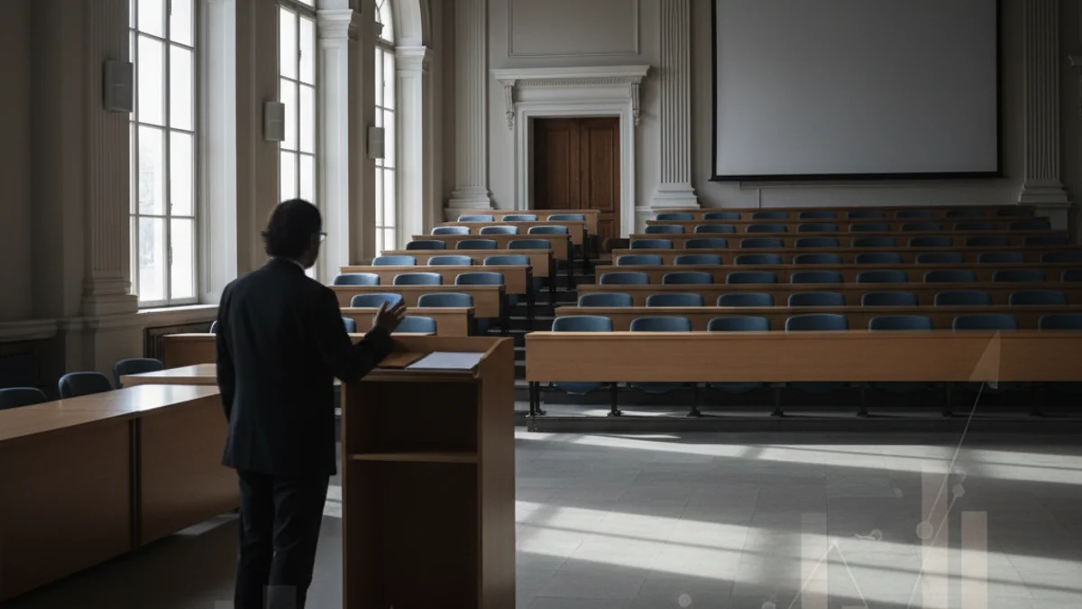 Silueta d'un economista o acadèmic en un entorn institucional, com una sala de conferències buida.
