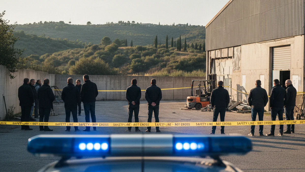 Imagen genérica de una nave industrial con luces de emergencia azules en primer plano.