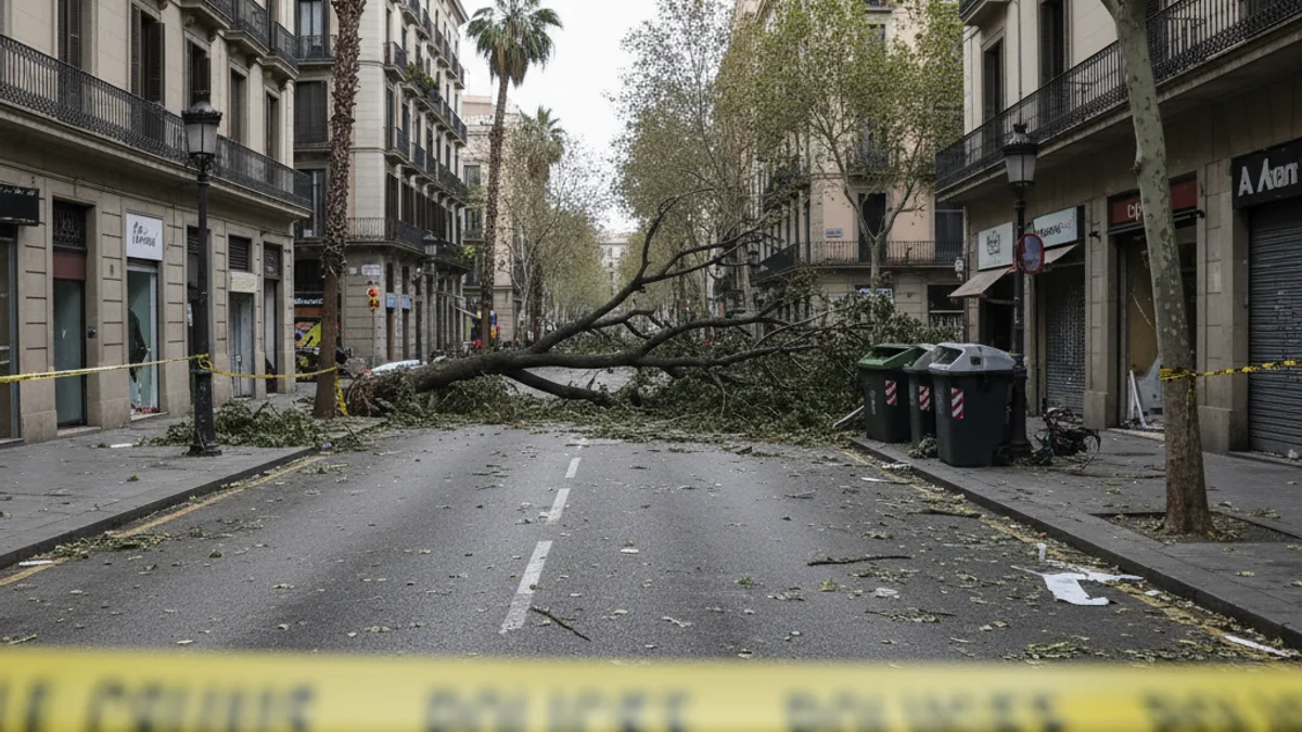 Imatge d'un carrer buit amb branques d'arbres a terra després d'una tempesta de vent.