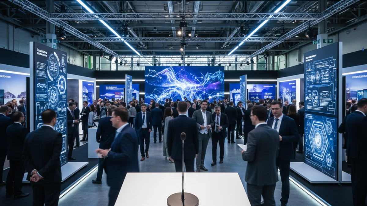 Imatge genèrica d'un fòrum tecnològic amb pantalles de dades i assistents.