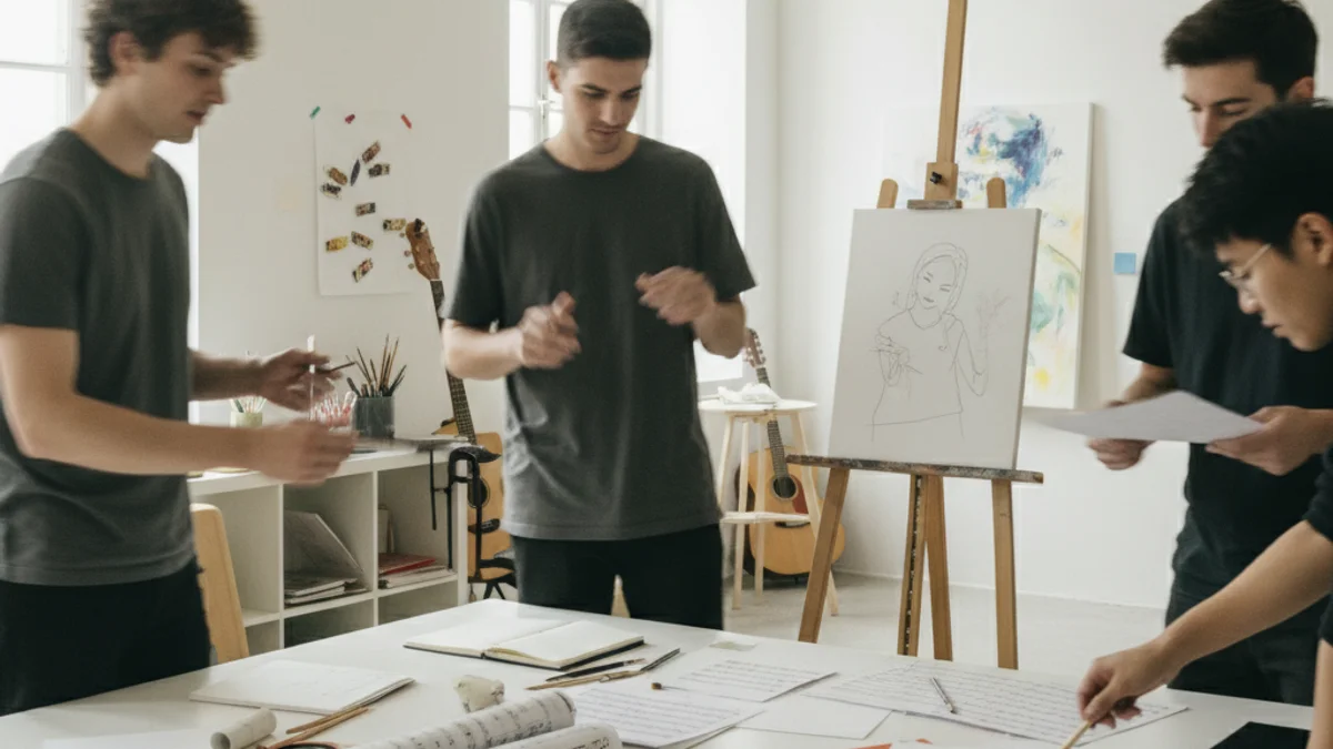 Joves participants en un taller artístic i educatiu treballant amb materials visuals i música.