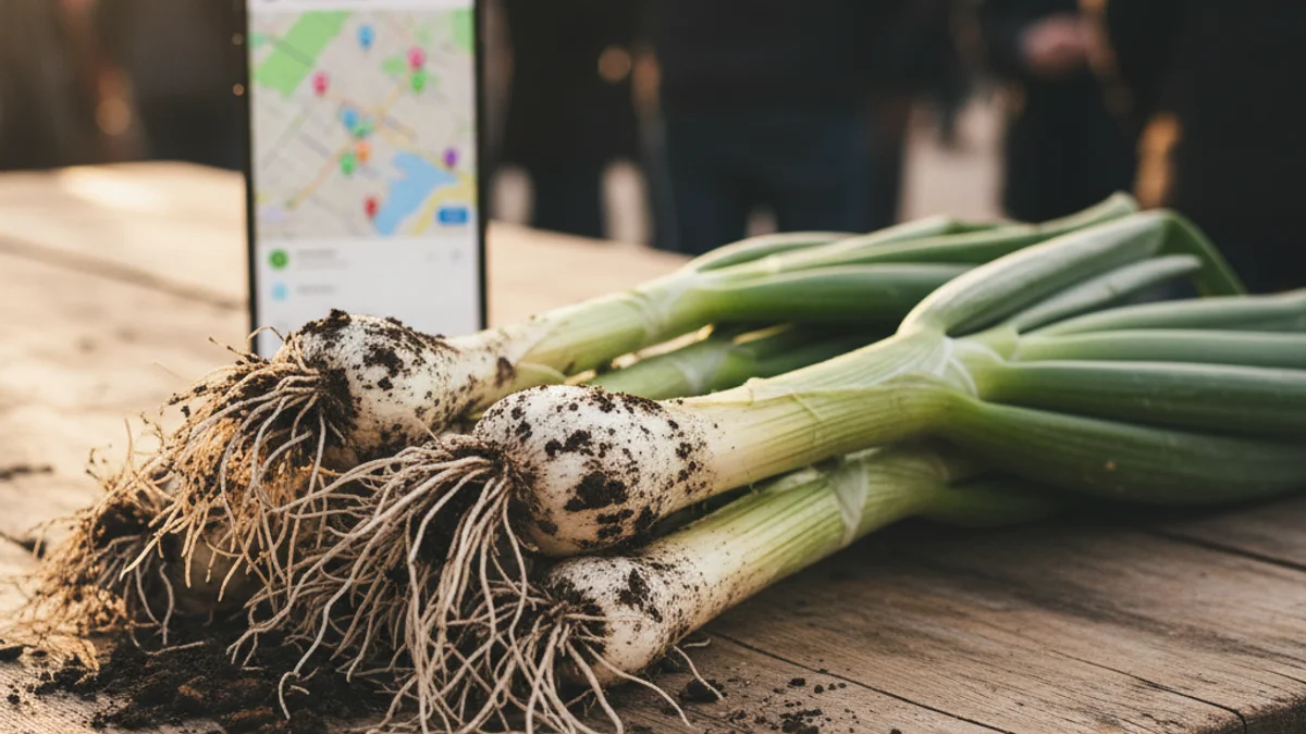 Imatge genèrica d'uns calçots frescos sobre una taula amb un telèfon mòbil que mostra un mapa.