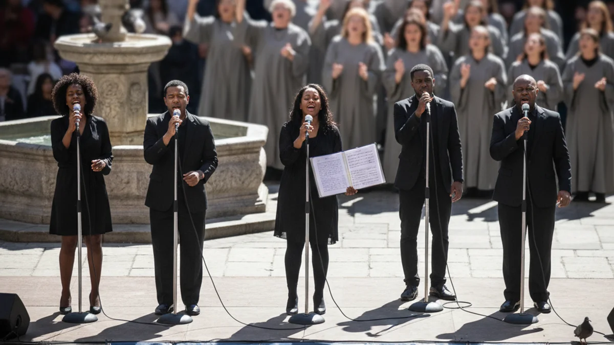 Un grup de persones cantant gòspel a l'aire lliure amb micròfons.