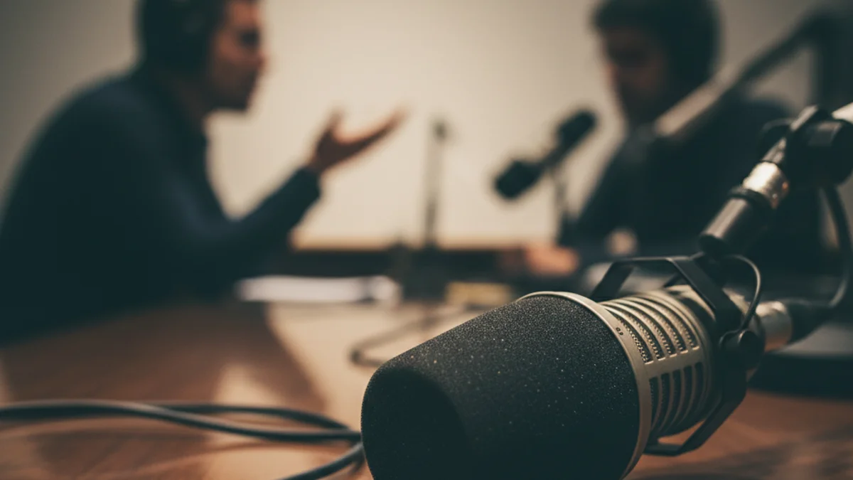 Retrat genèric d'un cantant en un estudi de ràdio o durant una entrevista, amb un micròfon en primer pla.