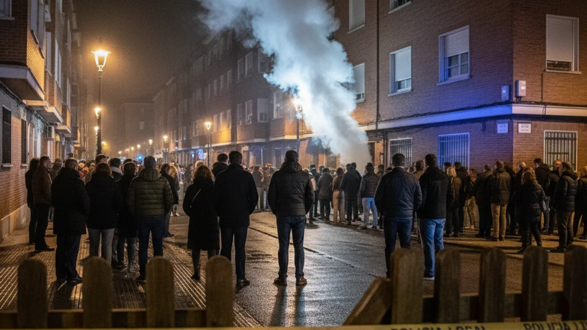 Imagen genérica de una calle de noche con luces de emergencia azules y humo cerca de un edificio de viviendas.