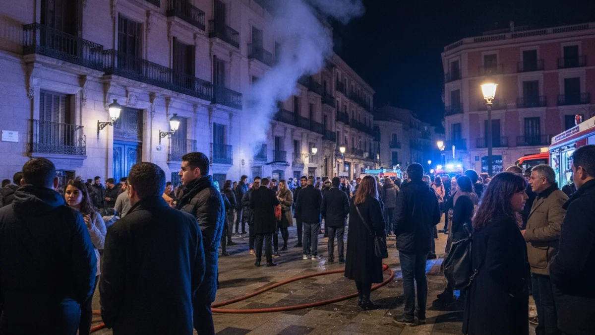 Imatge genèrica d'un carrer de nit amb llums d'emergència blaus reflectits en un edifici d'habitatges.