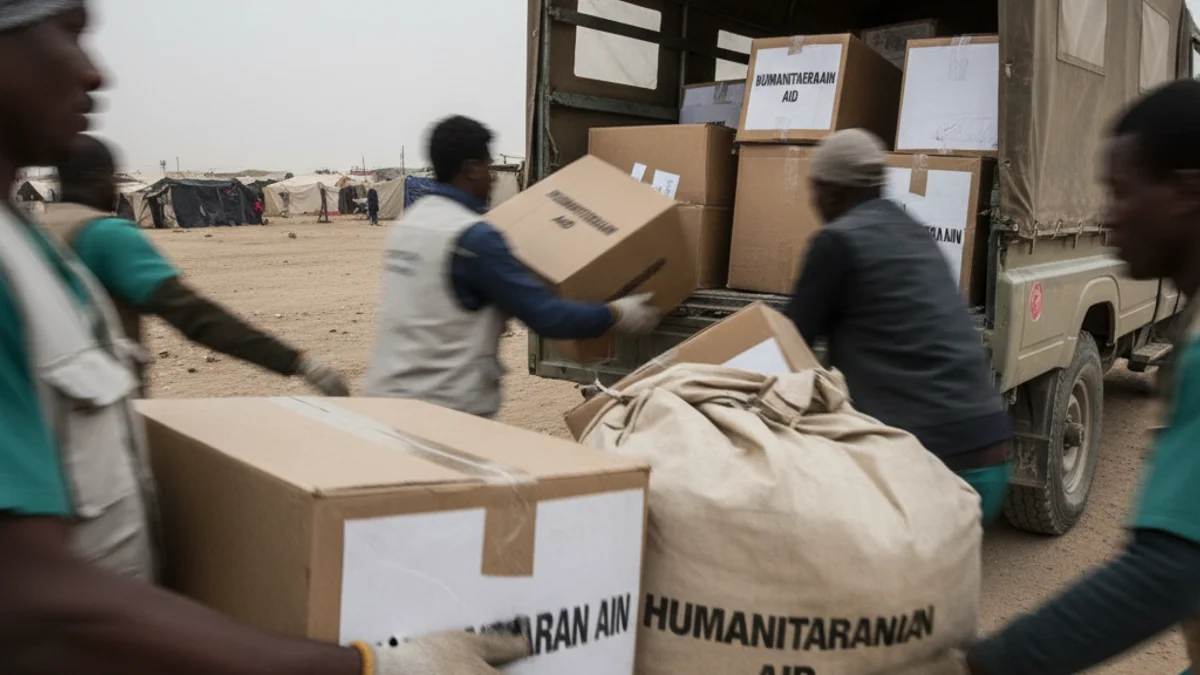 Professionals sanitaris carregant caixes d'ajuda humanitària abans de la sortida de l'expedició.