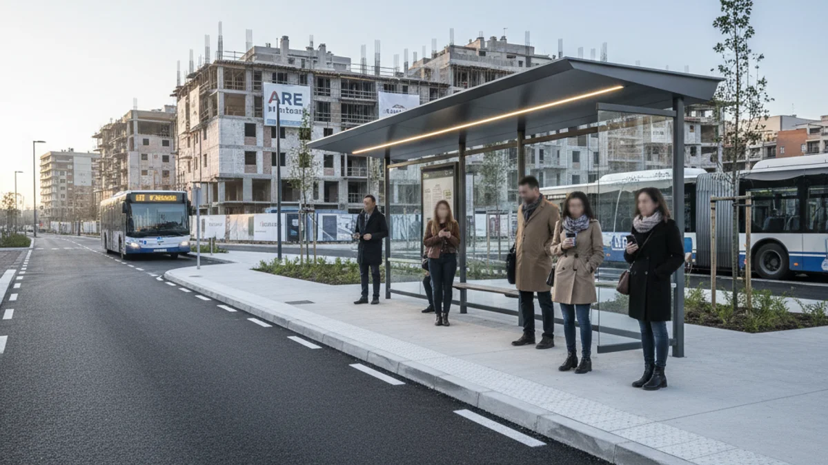 Imatge genèrica d'una parada d'autobús en una zona urbana en transformació.
