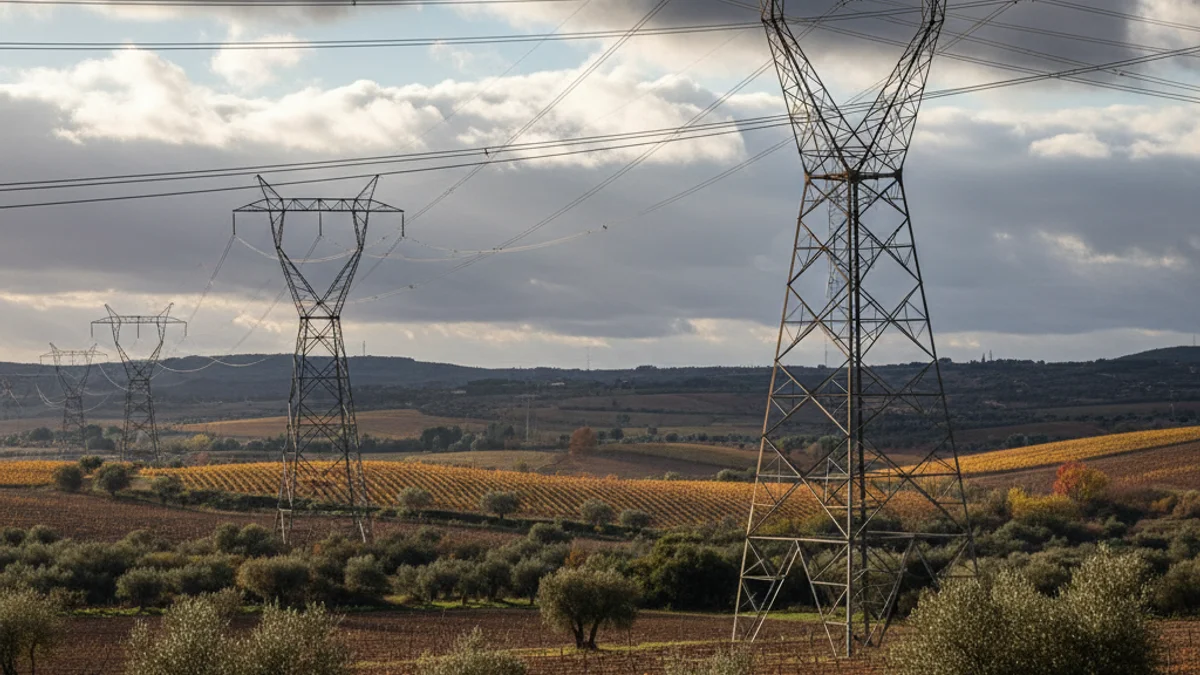 Generic image of high-voltage power towers crossing agricultural fields.