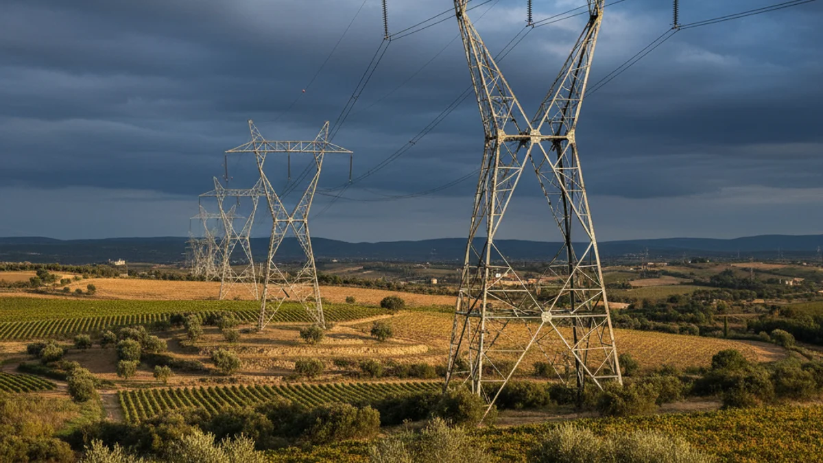 Imagen genérica de una línea de muy alta tensión atravesando campos de cultivo.