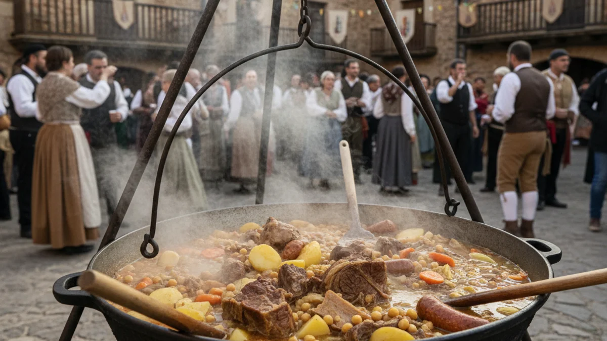 Imagen genérica de una gran olla de escudilla hirviendo al aire libre durante una fiesta popular.
