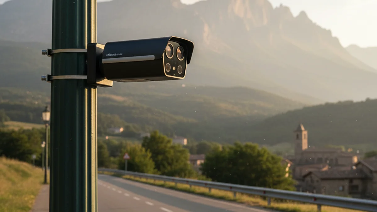 Generic image of a video surveillance camera installed on a streetlight at the entrance of a town.