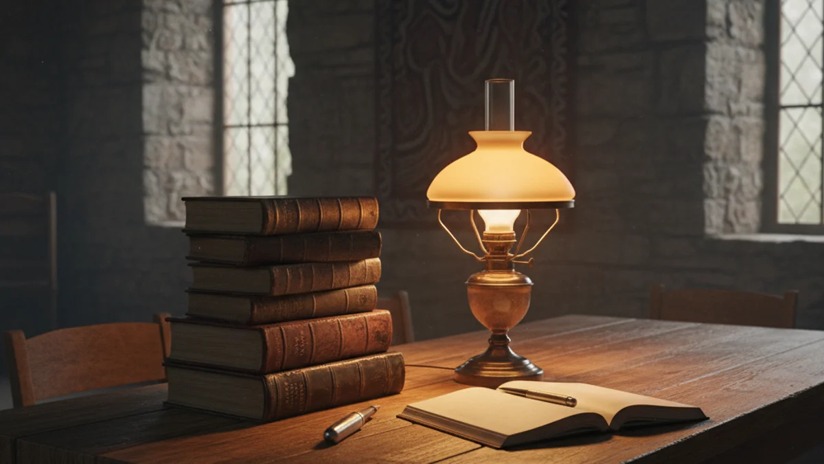 Imatge genèrica d'uns llibres i una ploma estilogràfica sobre una taula de fusta en un entorn rústic.