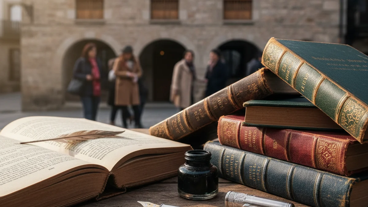 Imatge genèrica d'uns llibres i una ploma estilogràfica sobre una taula de fusta.