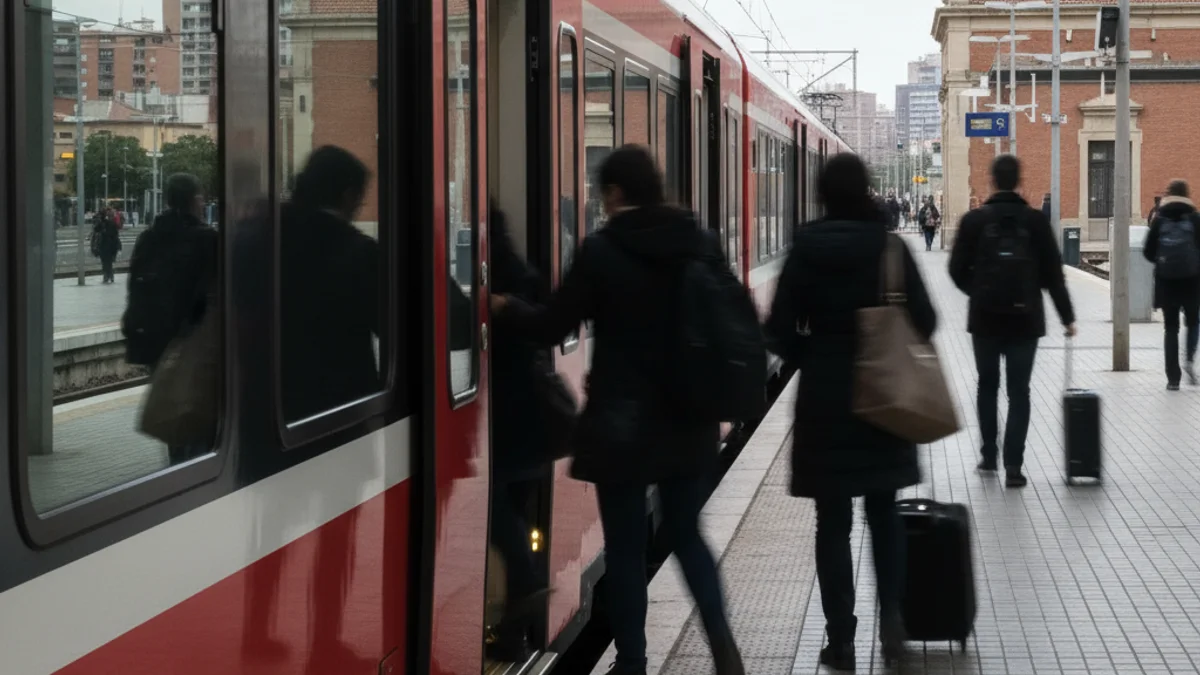 Imatge genèrica d'un tren de rodalies aturat en una estació de Catalunya amb figures borroses de passatgers.