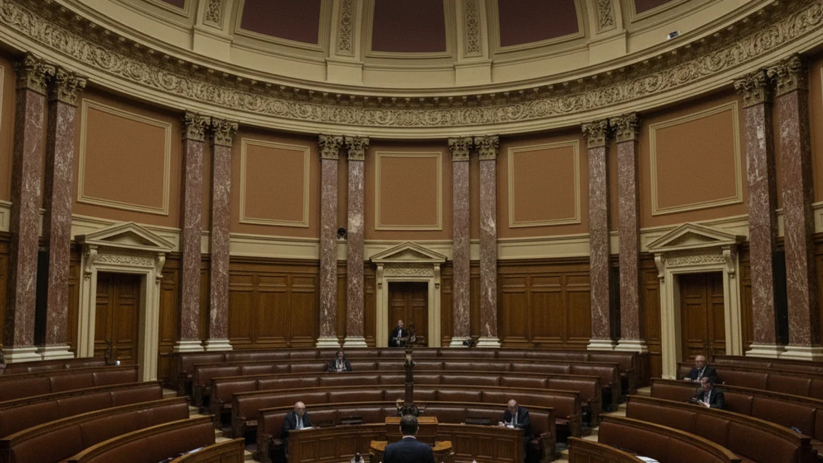 Imatge genèrica d'un ministre parlant des d'un faristol al Congrés dels Diputats, amb seients buits al fons.
