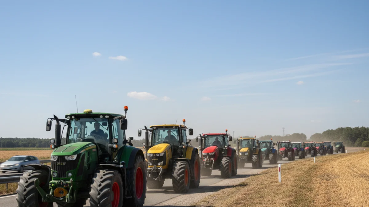 Una columna de tractors circulant per una carretera durant una jornada de protesta agrària.