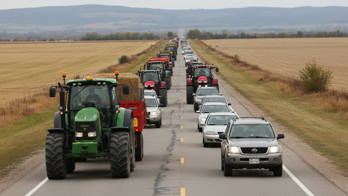 Imatge genèrica d'una columna de vehicles agrícoles circulant lentament per una carretera interurbana.