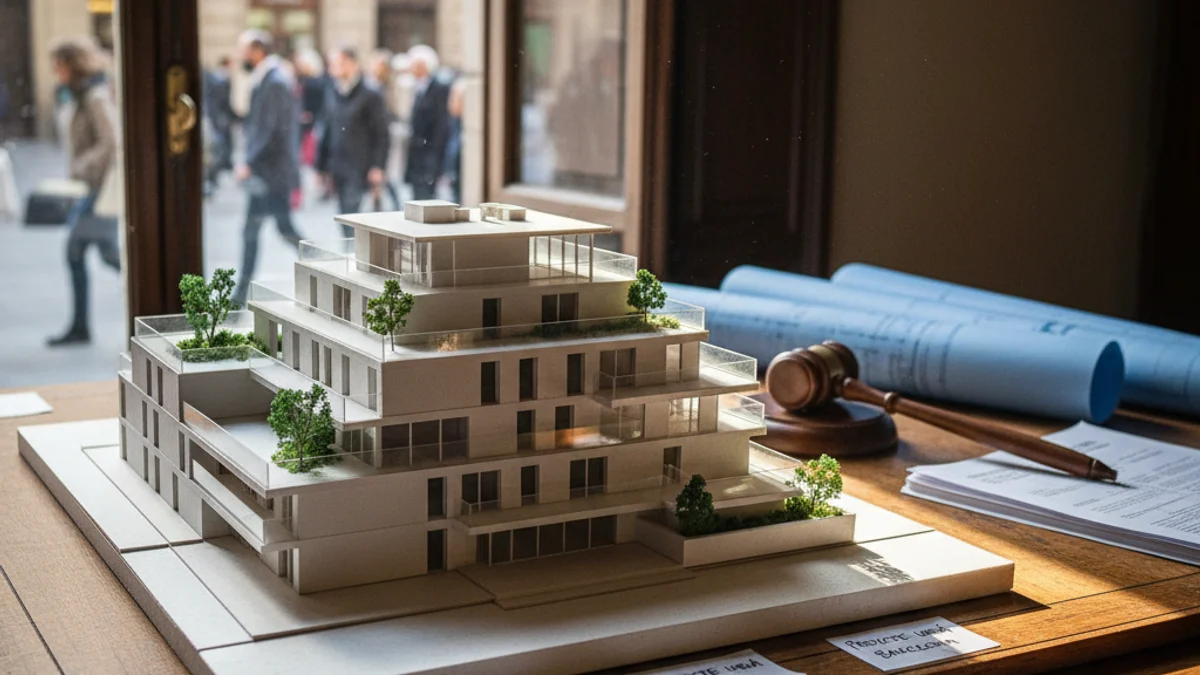 Generic image of a residential building model placed over urban blueprints.