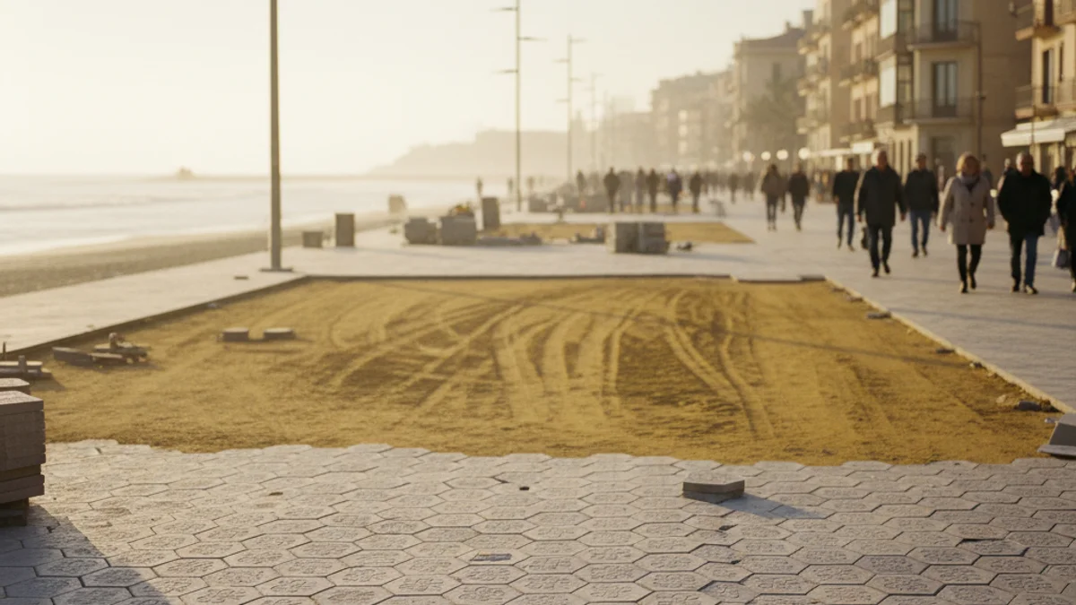Imatge genèrica de les obres de pavimentació i reforma d'un passeig marítim amb vistes al mar.