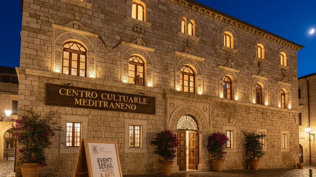 Imatge genèrica de la façana d'un centre cultural il·luminat en un poble medieval.