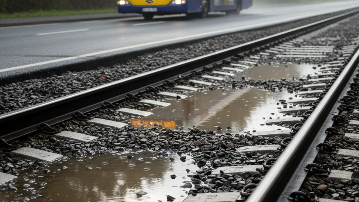 Imatge genèrica d'unes vies de tren amb filtracions d'aigua i un autobús de substitució al fons.