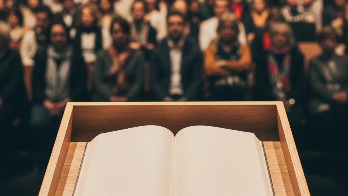 Generic image of an open book on a lectern inside an auditorium during a cultural presentation.