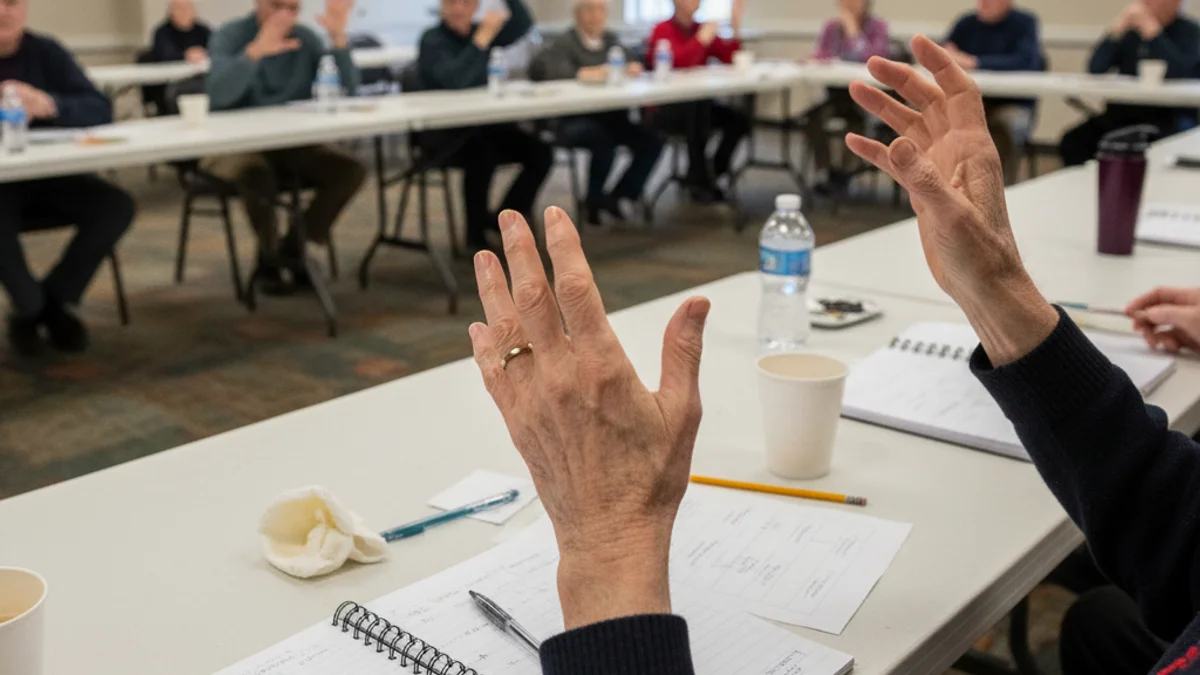 Grup de persones grans assistint a una assemblea o reunió cívica en un centre comunitari.