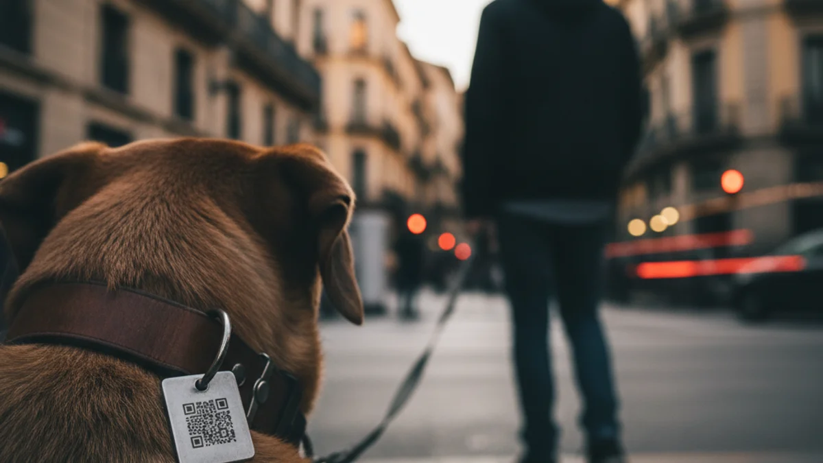 Generic image of a dog wearing an identification tag on its collar in an urban setting.