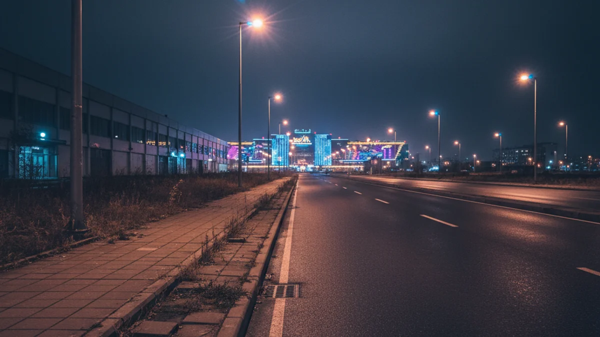 Generic image of an illuminated industrial road at night on the outskirts of a city.